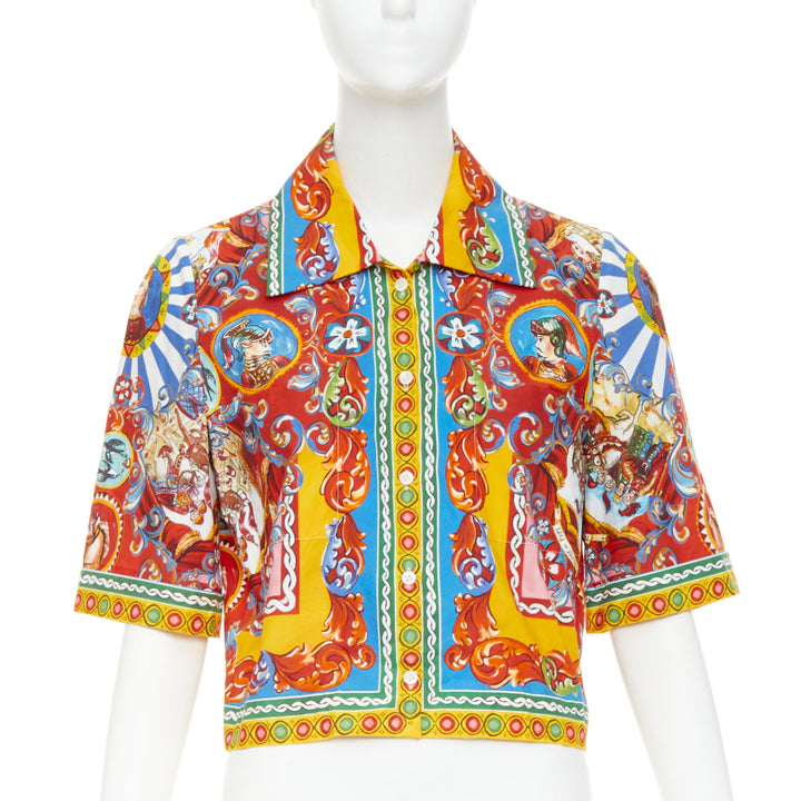 DOLCE GABBANA 2016 Carretto Siciliano cotton rolled sleeves crop shirt IT44 L