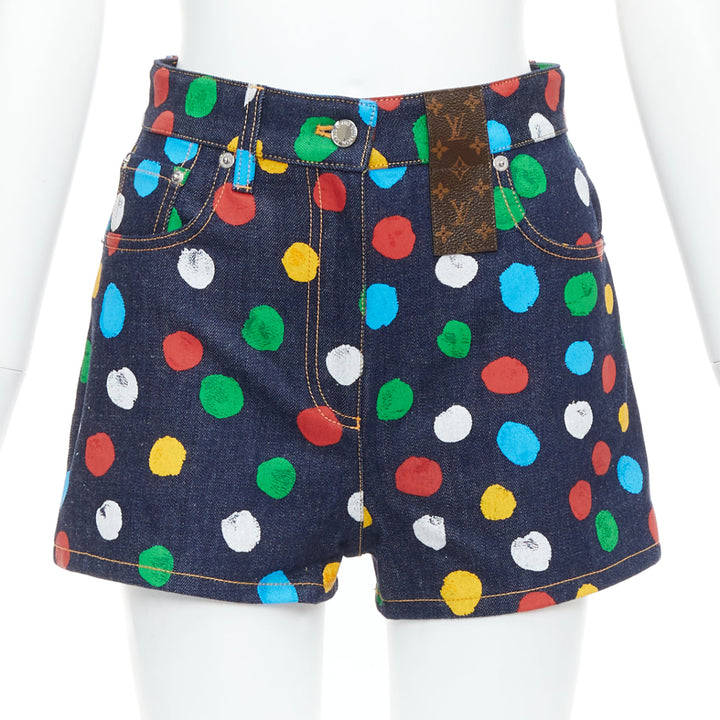 LOUIS VUITTON Yayoi Kusama Painted Dots logo patch denim shorts FR34 XS