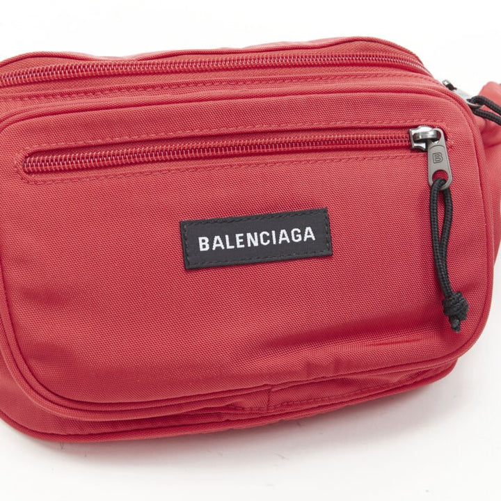 BALENCIAGA DEMNA red logo dual pocket nylon black waist belt crossbody bag