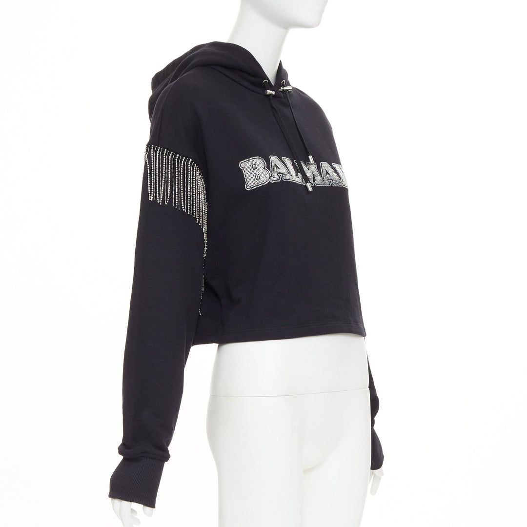 BALMA 2024 black crystal logo embellished fringe cropped hoodie sweatshirt XS
