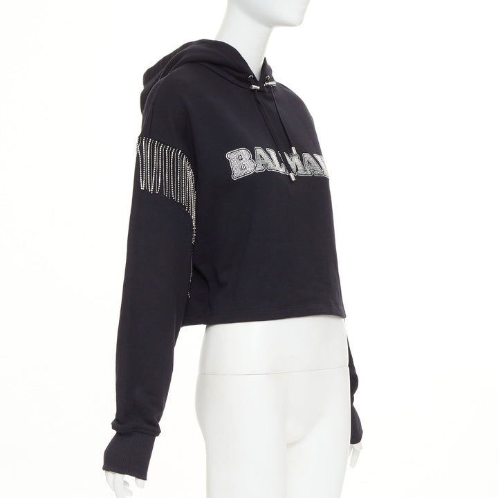 BALMA 2024 black crystal logo embellished fringe cropped hoodie sweatshirt XS