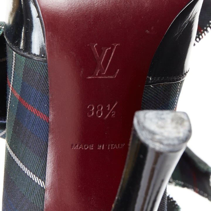 LOUIS VUITTON 2004 Runway green tartan black patent lace up heels pumps EU38.5