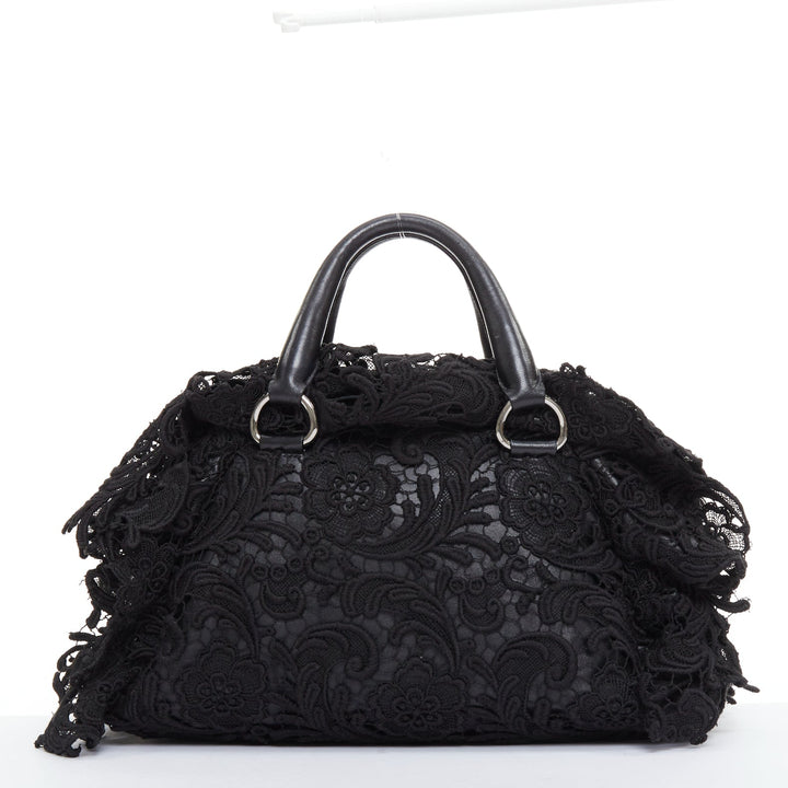 PRADA 2008 Lace Pizzo S Bowler black lace overlay leather silver zip bag