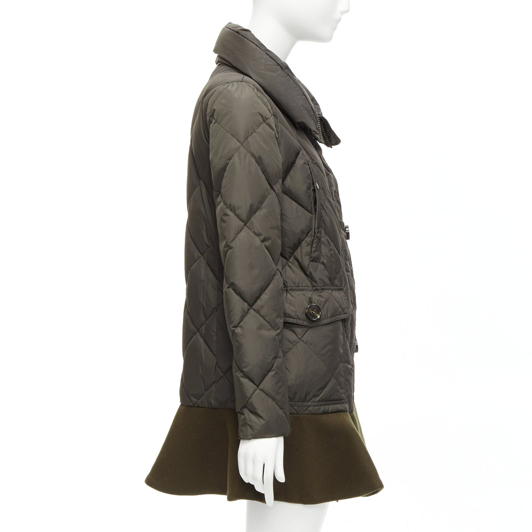 MONCLER Norme Afnor khaki quilted virgin wool blend frill hem coat Sz1 M