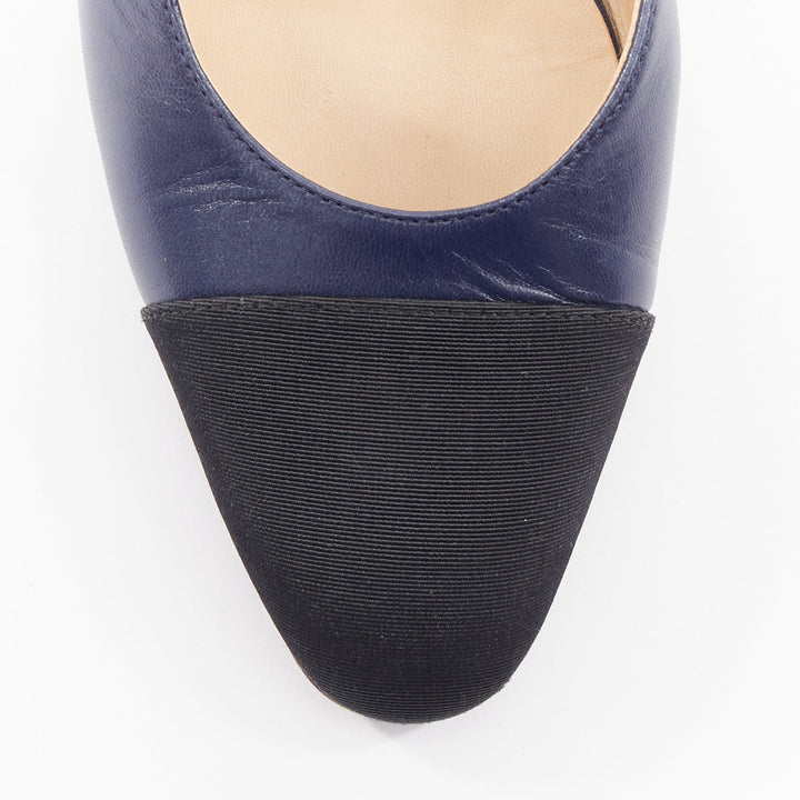 CHANEL navy blue leather black grosgrain cap toe slip on slingback pumps EU38