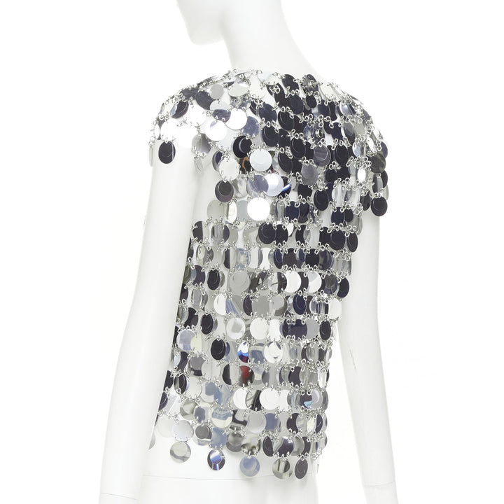 PACO RABANNE The Iconic silver metallic disc short sleeves paillettes top M