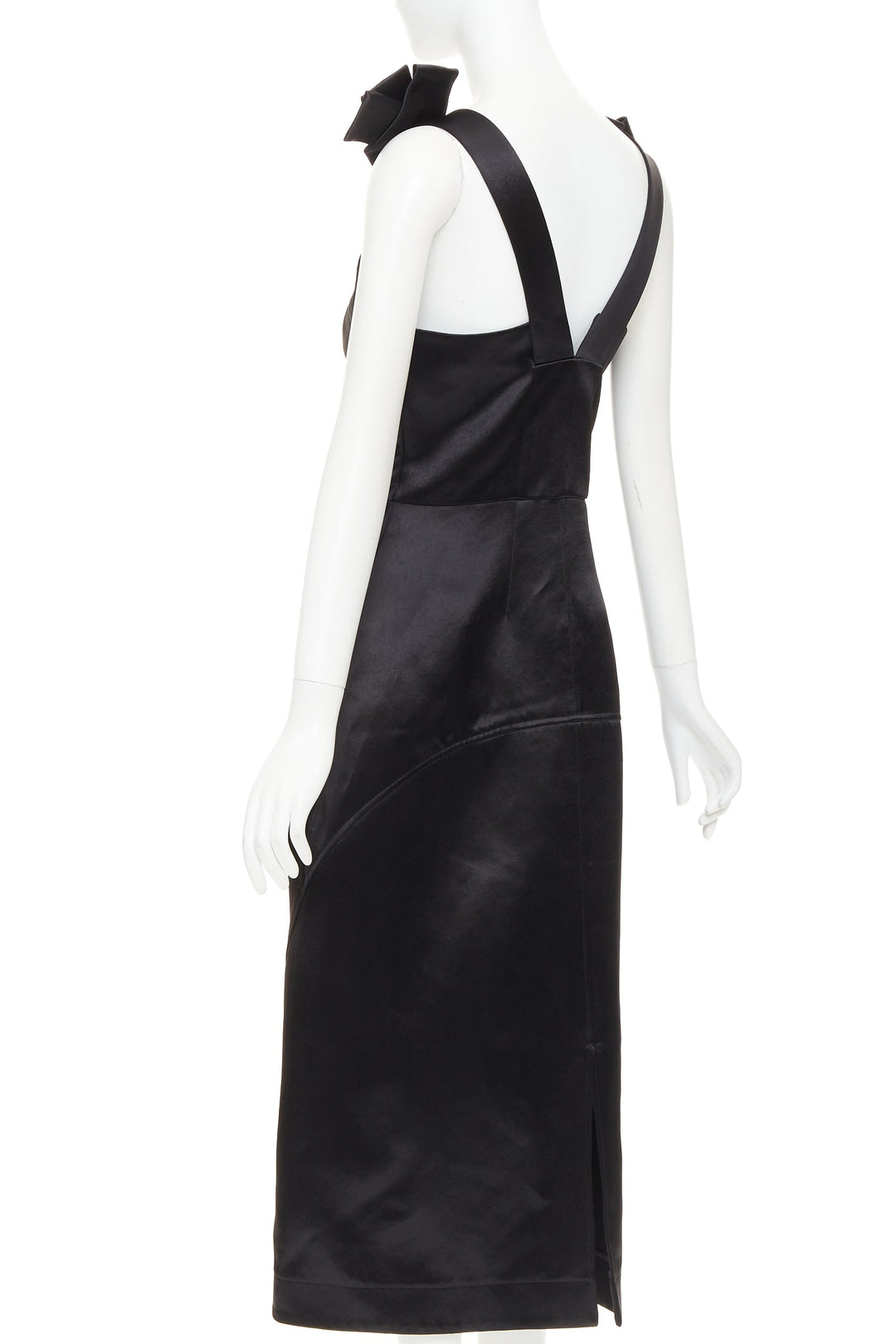 JIL SANDER black shiny satin bow detail V-neck sleeveless midi dress FR38 M