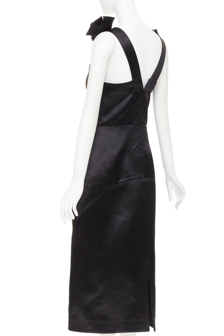 JIL SANDER black shiny satin bow detail V-neck sleeveless midi dress FR38 M