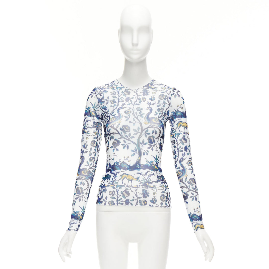 MARQUES ALMEIDA blue white animal floral print mesh long sleeve top XS