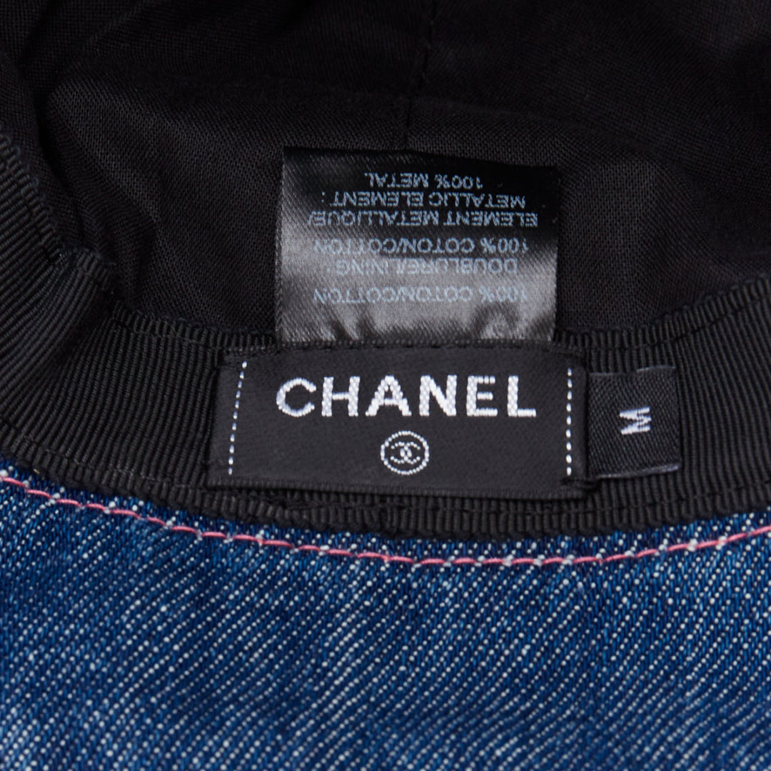 CHANEL 2022 washed blue denim silver CC logo red topstitch bucket hat M