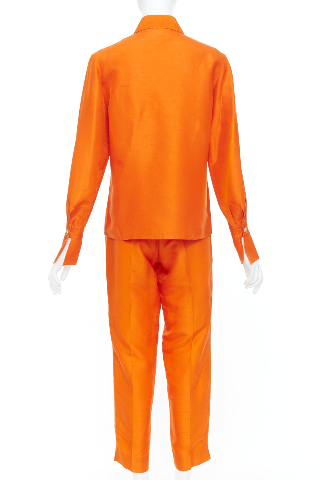SHANGHAI TANG orange raw silk hidden placket long sleeve shirt trousers set XS