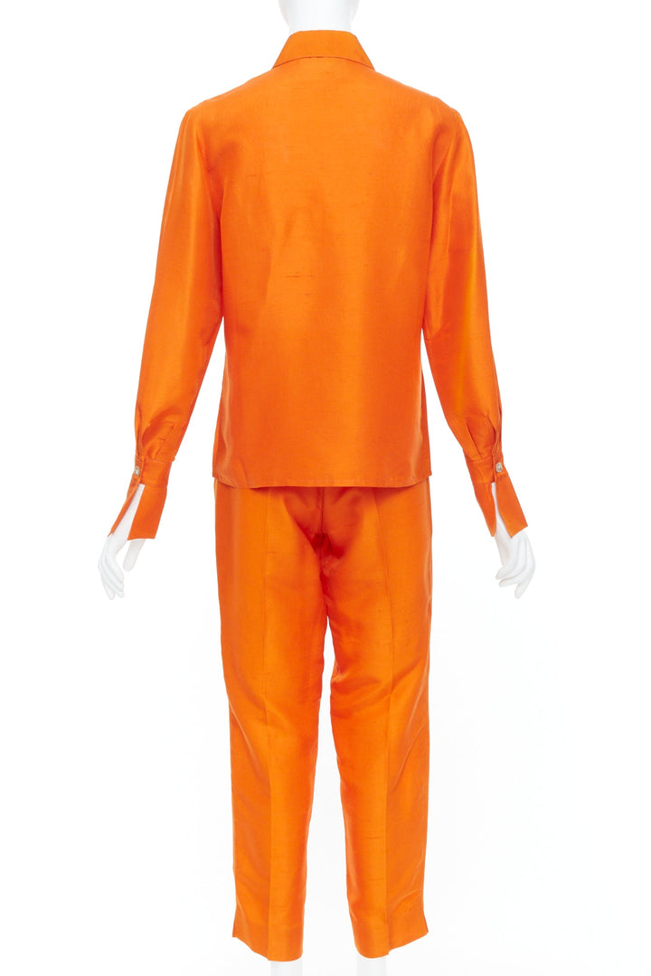 SHANGHAI TANG orange raw silk hidden placket long sleeve shirt trousers set XS