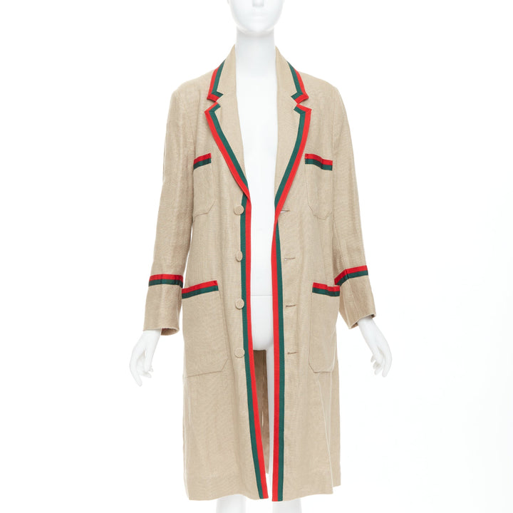 GUCCI Garden Alessandro Michele beige green red web trim long coat