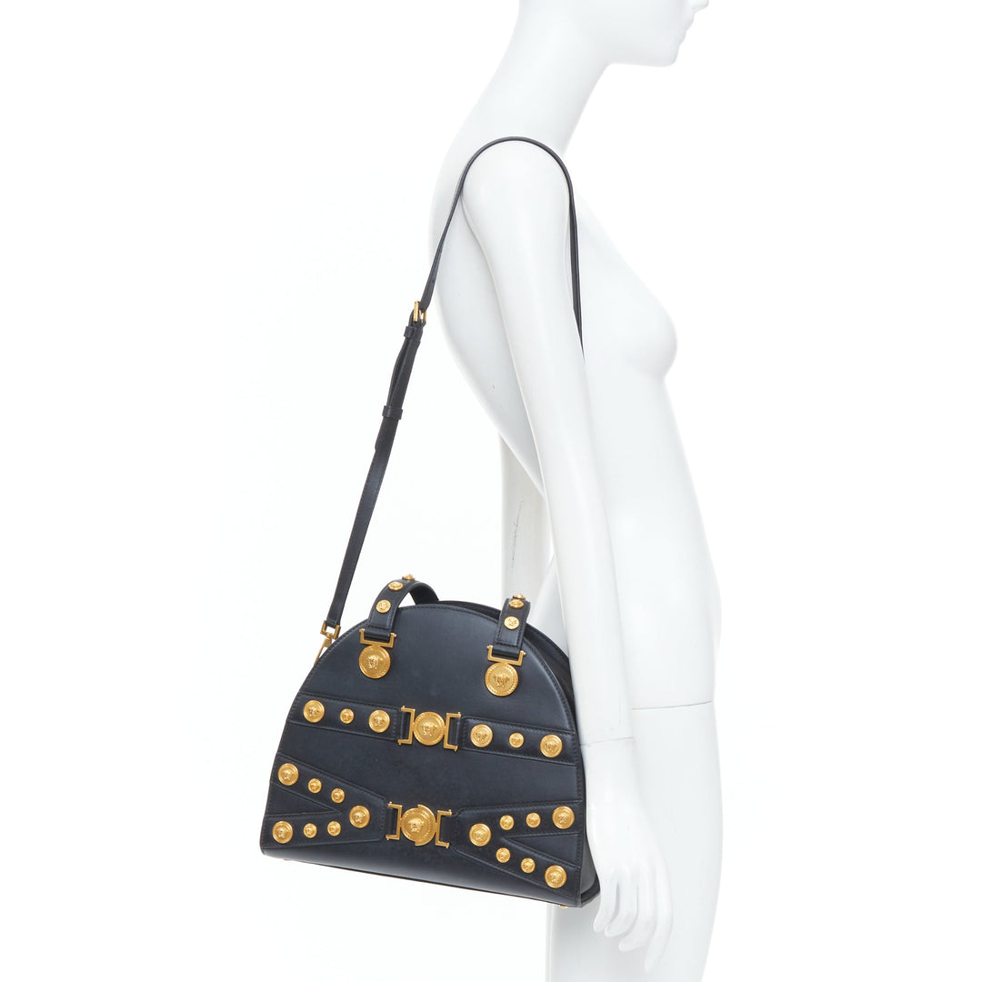 VERSACE 2018 Runway Tribute Medallion bondage black leather bowling bag