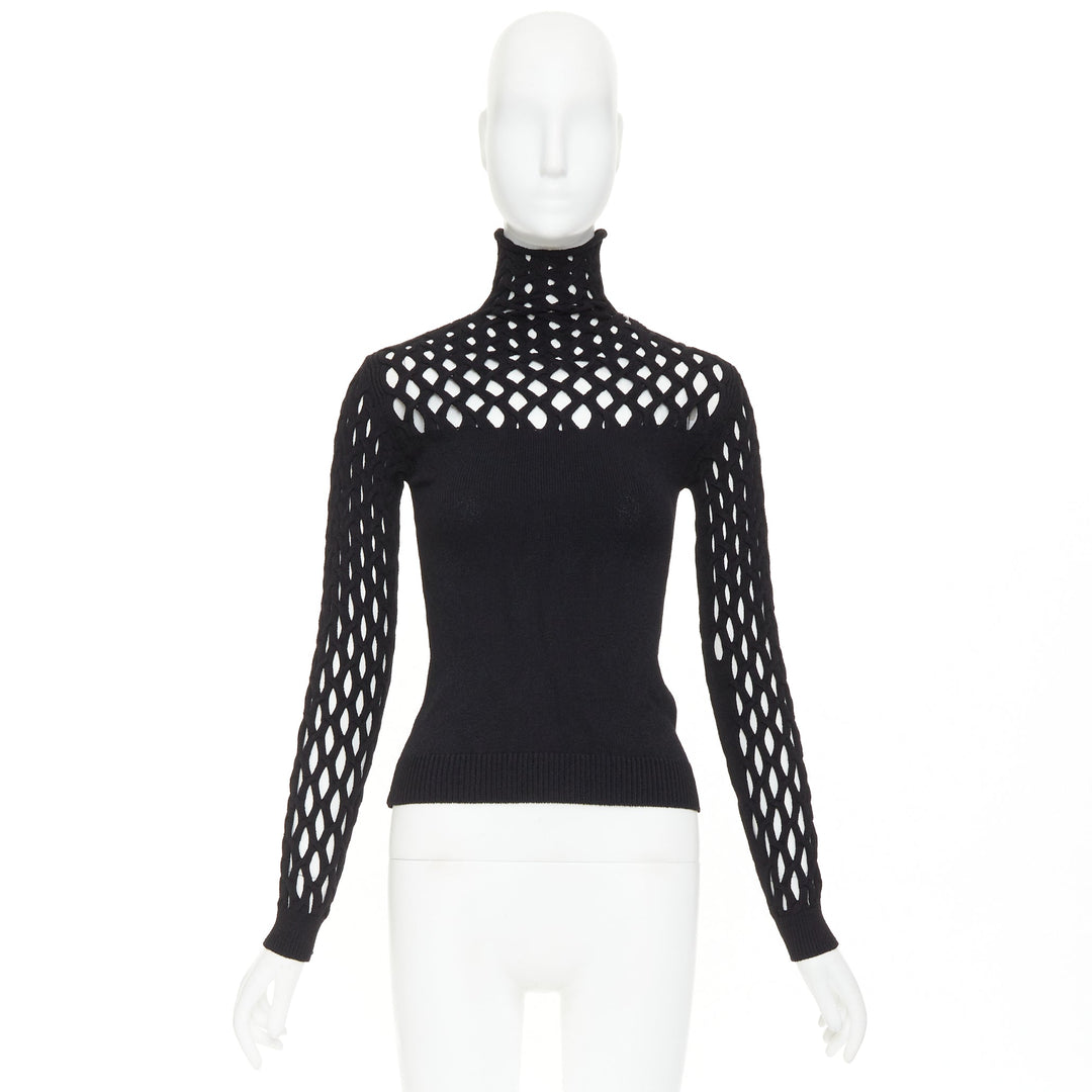 VALENTINO Piccioli 2021 black diamond lattice open-work knit turtleneck  M