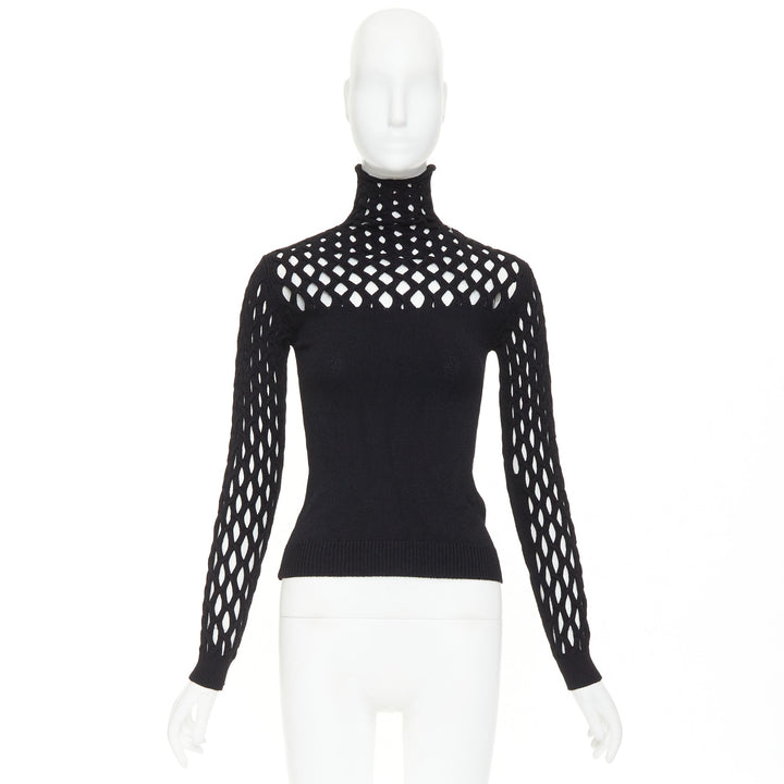 VALENTINO Piccioli 2021 black diamond lattice open-work knit turtleneck  M