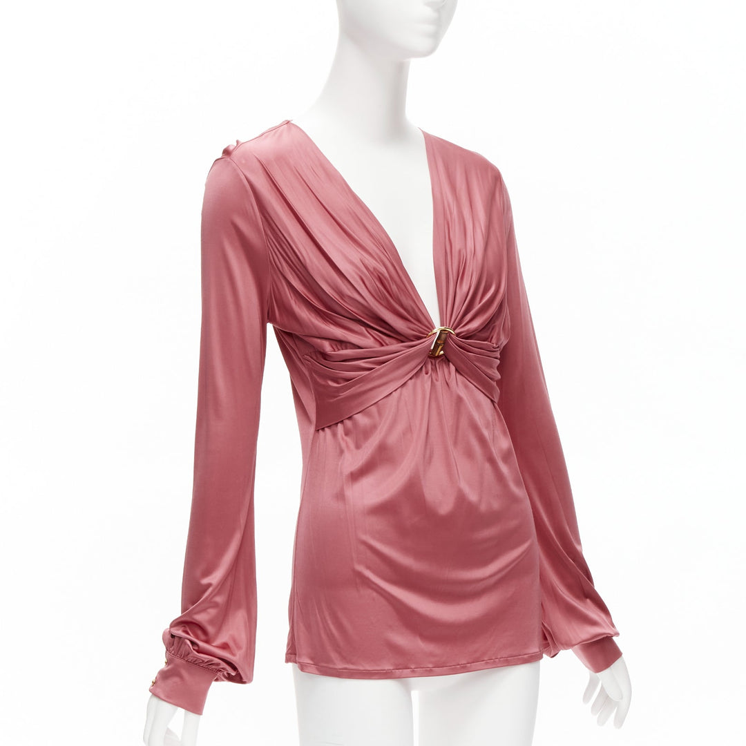 GUCCI pink bamboo buckle silky deep V billow sleeve blouse IT44 L