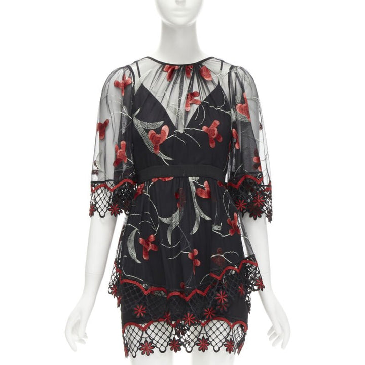 ALICE MCCALL Wish you Were Here black red guipere lace floral tulle dress US2 XS