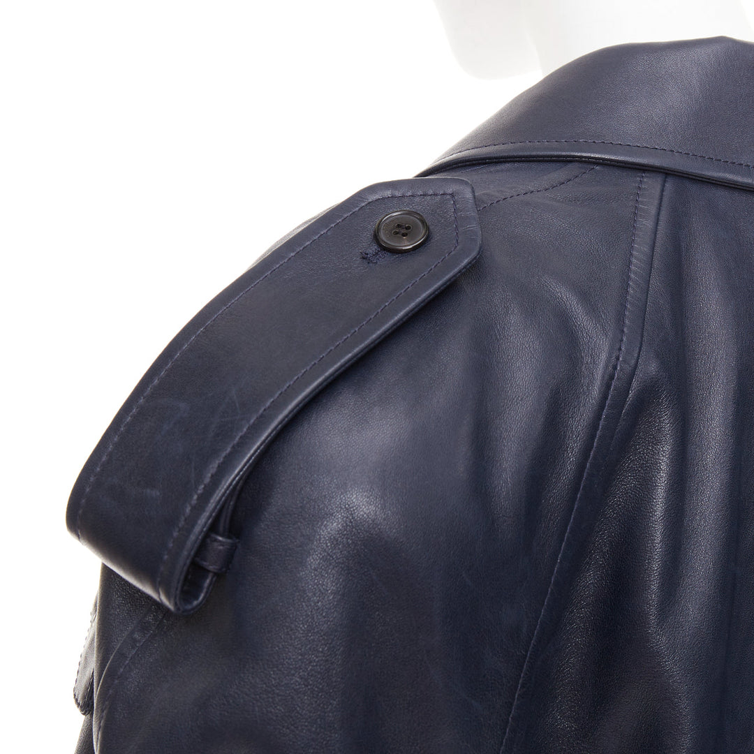 SAINT LAURENT 2023 Runway navy blue lambskin Power belted cropped biker jacket