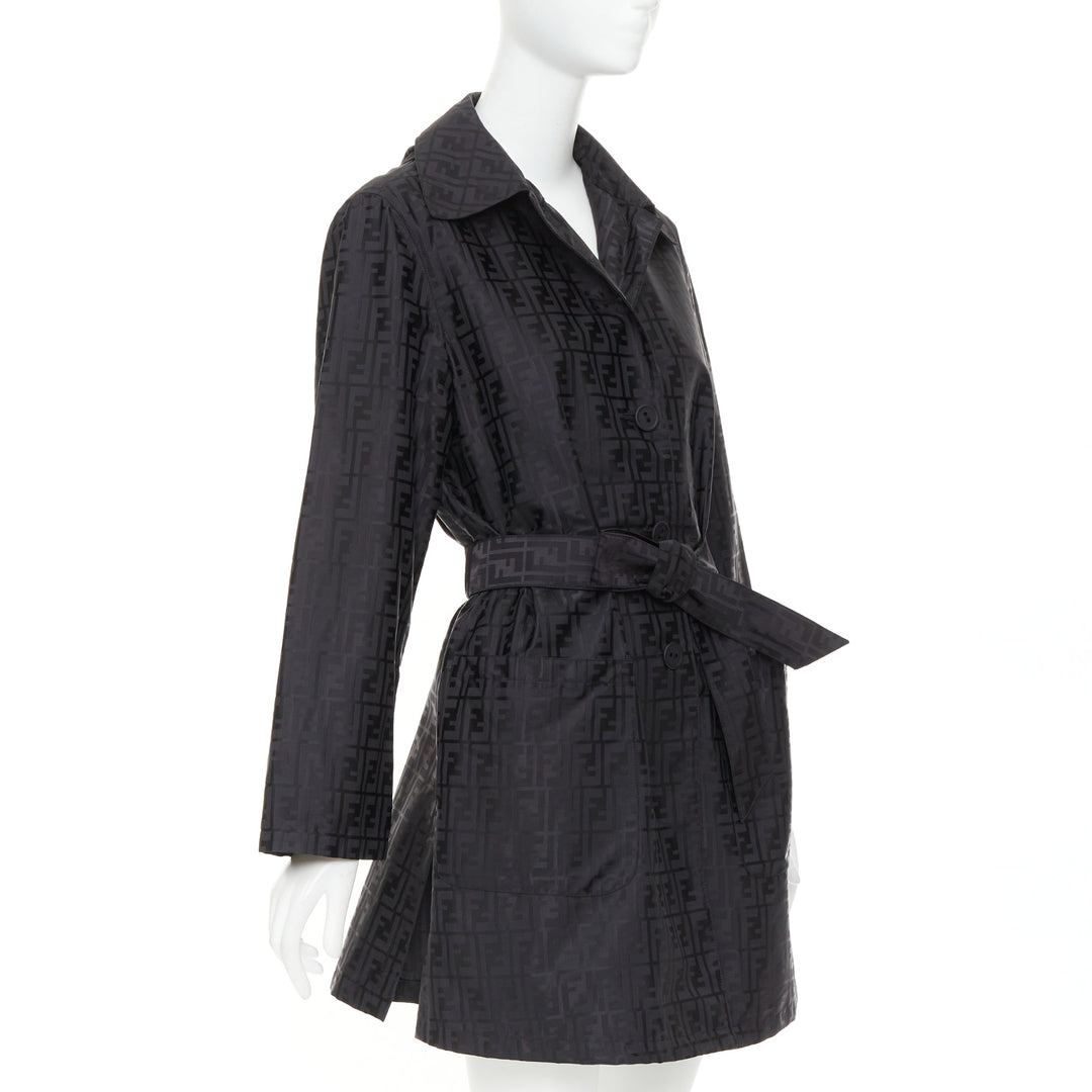 FENDI 1990s Vintage black cotton nylon FF Zucca monogram belt trench coat IT40 S