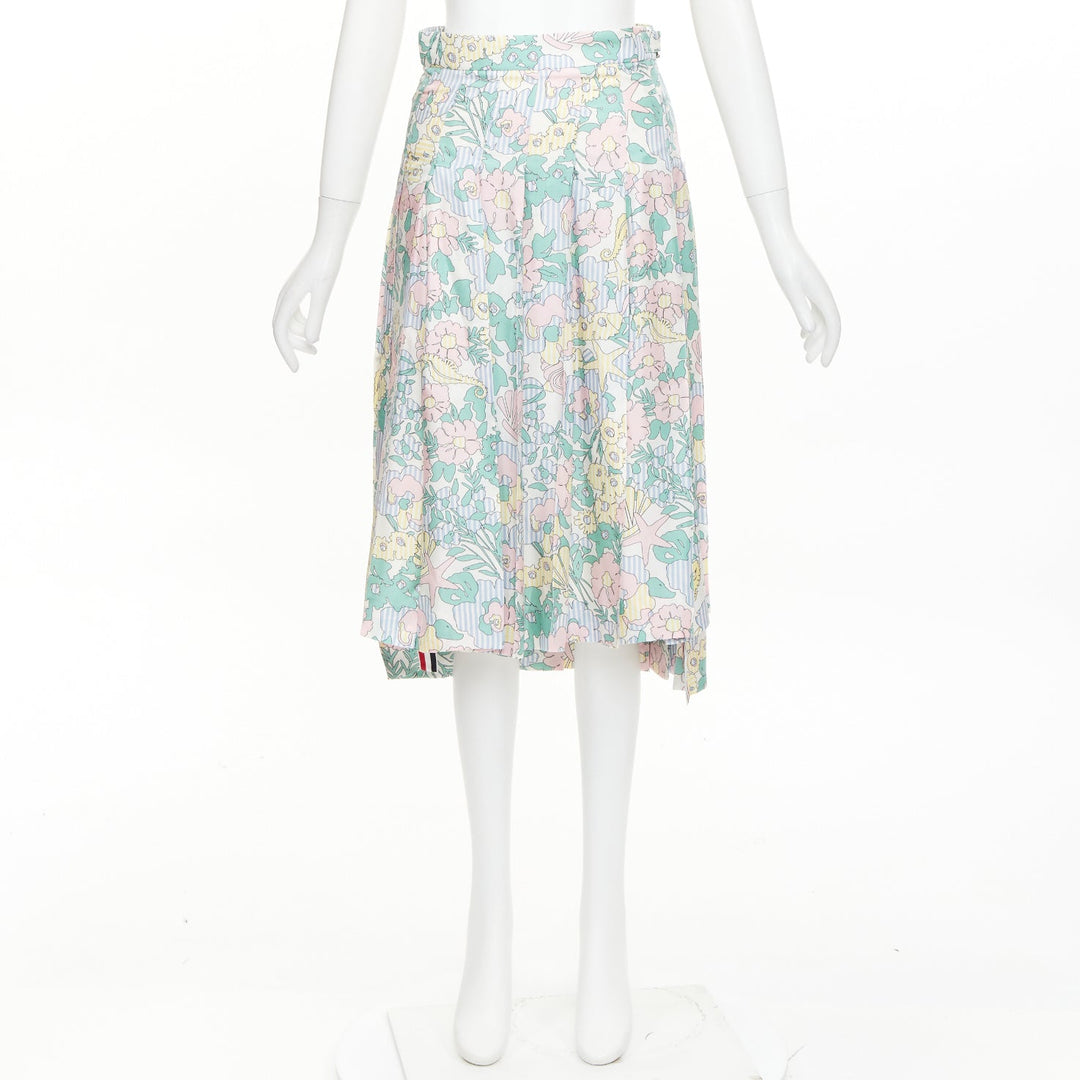 THOM BROWNE green pink yellow silk floral marine motif midi skirt IT36 XXS