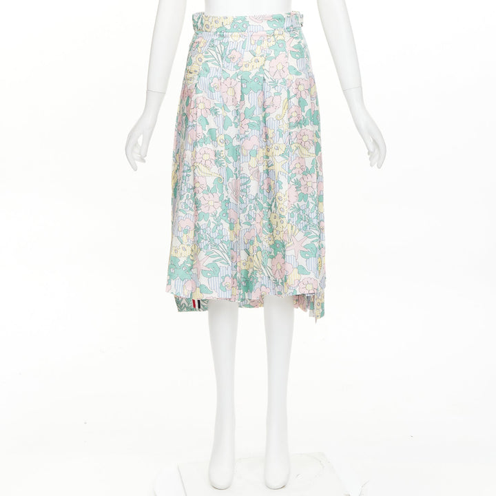 THOM BROWNE green pink yellow silk floral marine motif midi skirt IT36 XXS