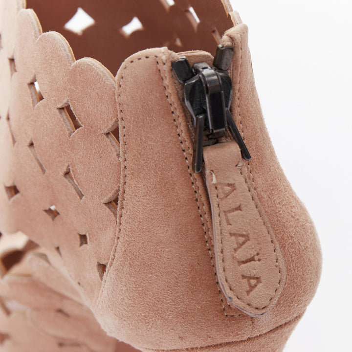 ALAIA nude leather scallop cut out caged high heeled sandals EU35
