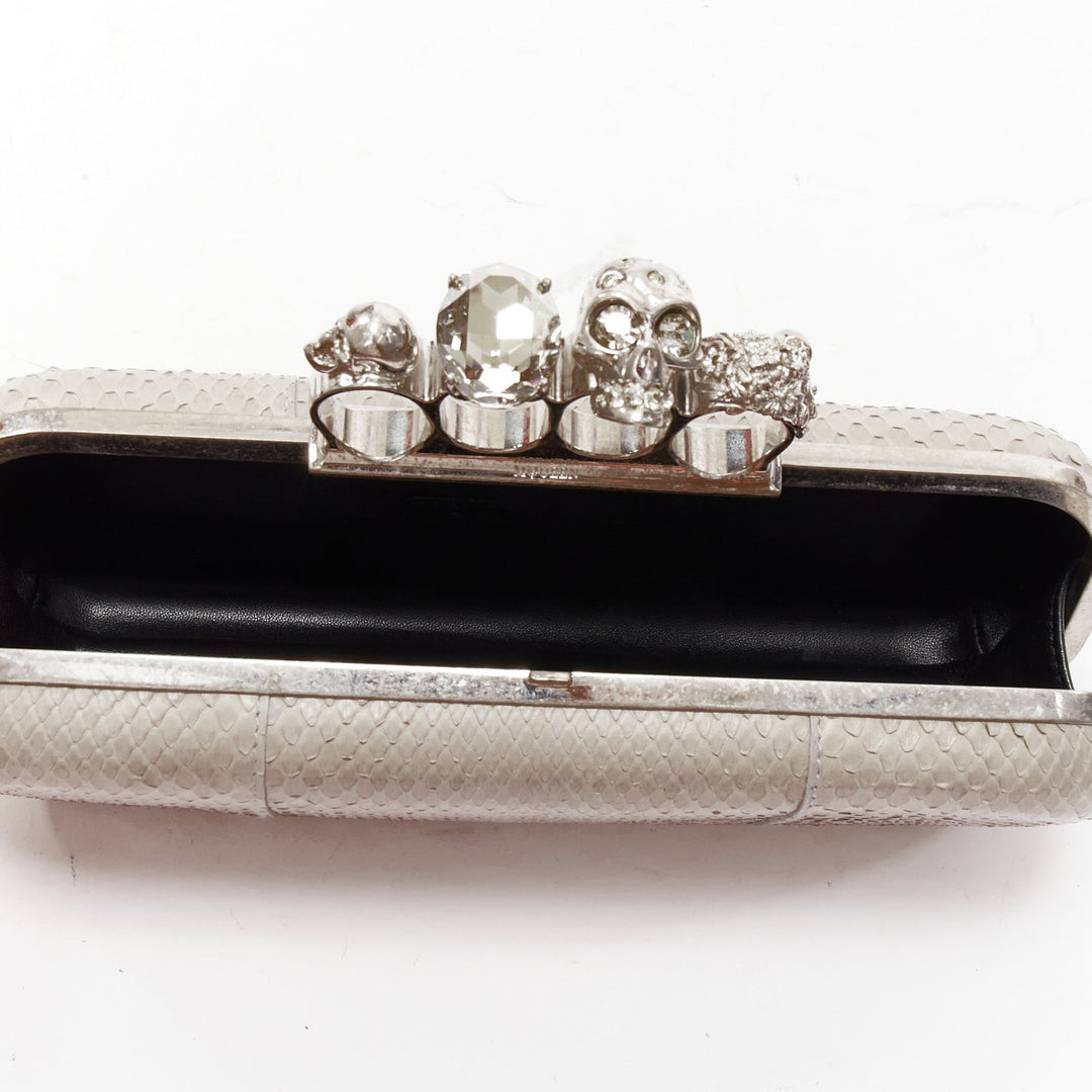 ALEXANDER MCQUEEN Knuckle Duster grey leather crystal skull 4 ring box clutch
