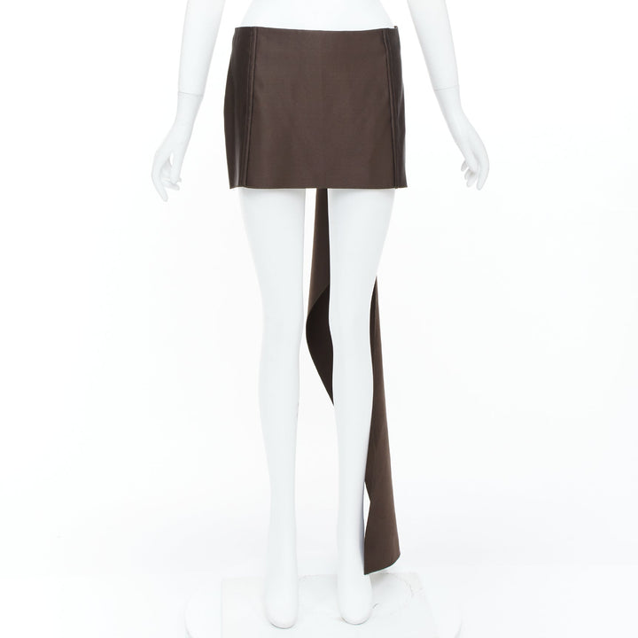 PRADA 2022 Runway brown silk satin origami trail train mini skirt IT40 S