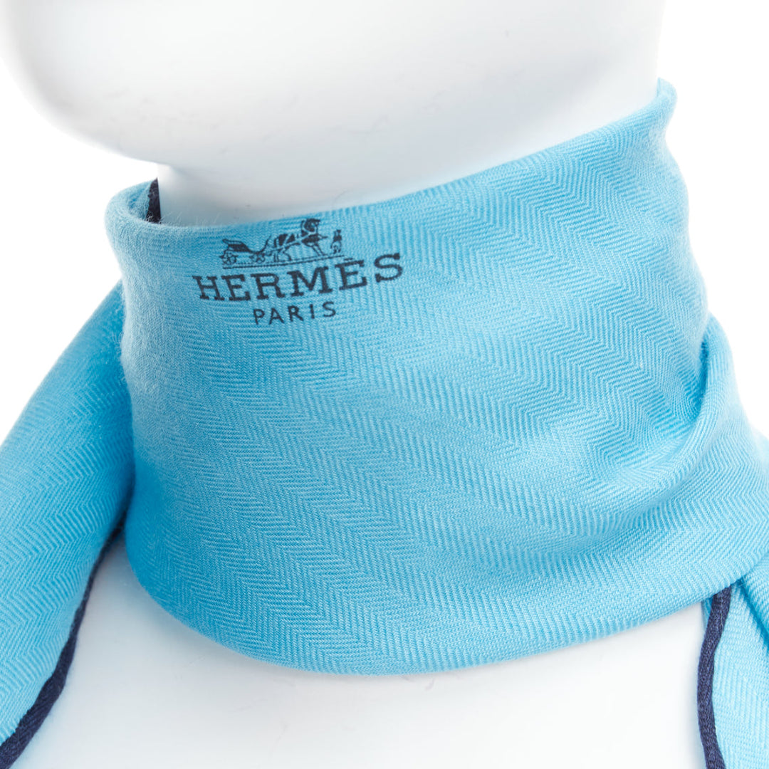 HERMES Losange sky blue cashmere silk navy edge logo print scarf