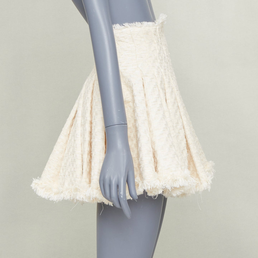 BALMAIN cream frayed pleated cotton tweed curved waist skater skirt FR34 XXS