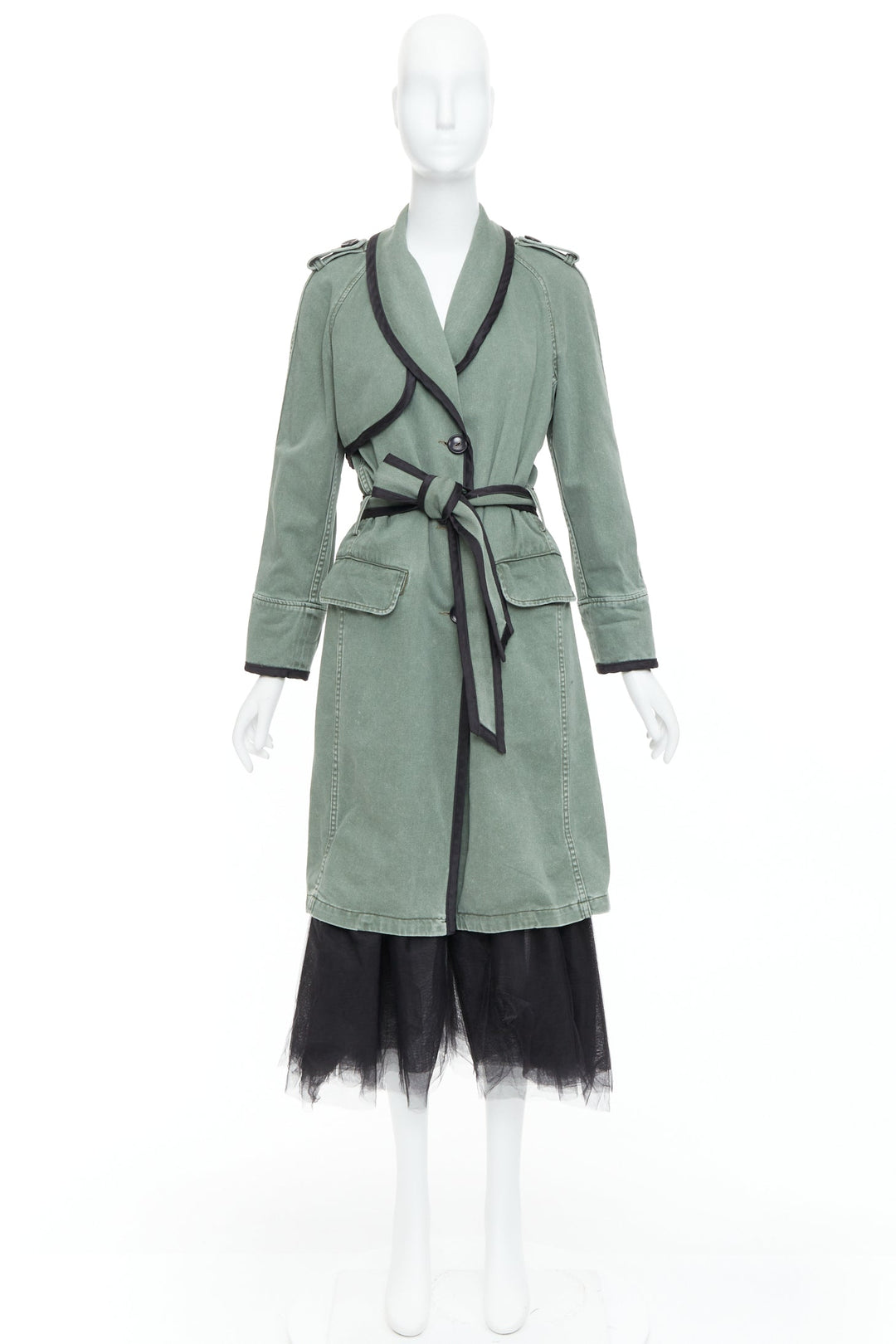 LE SUPERBE green washed cotton black tulle hem tie belt coat US0 XS