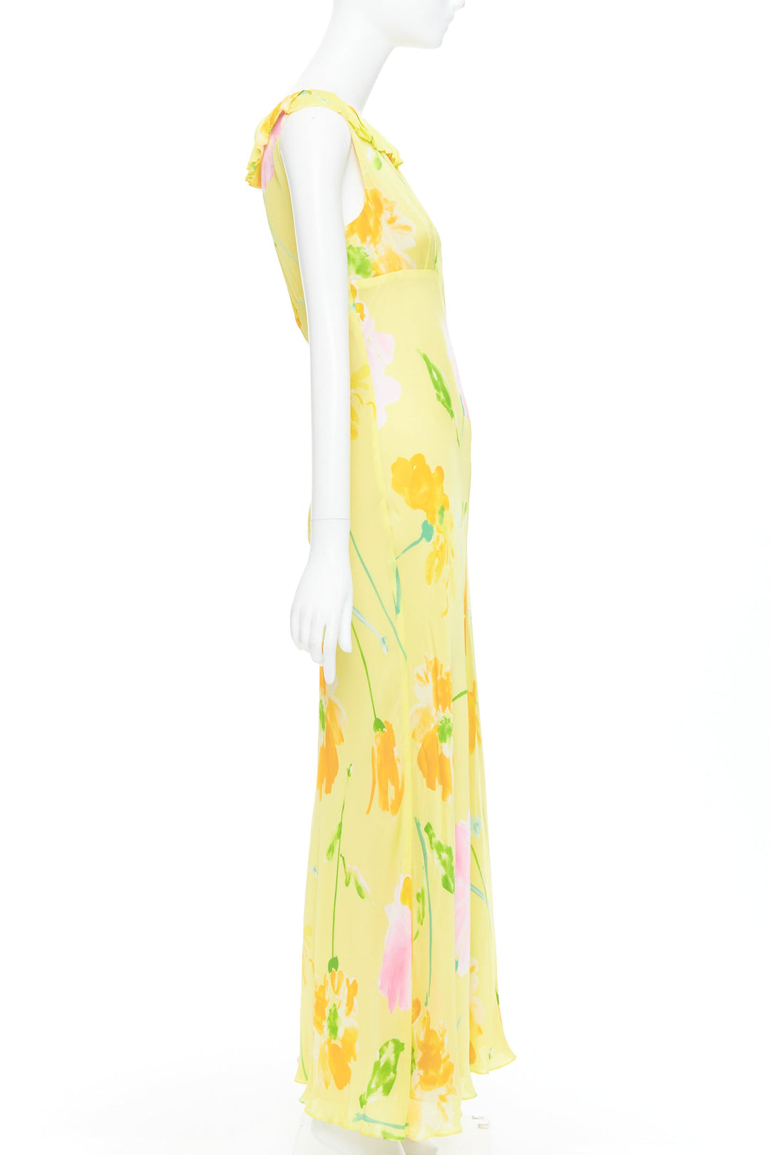 rare DONNA KARAN Vintage yellow floral print ruffle collar maxi dress