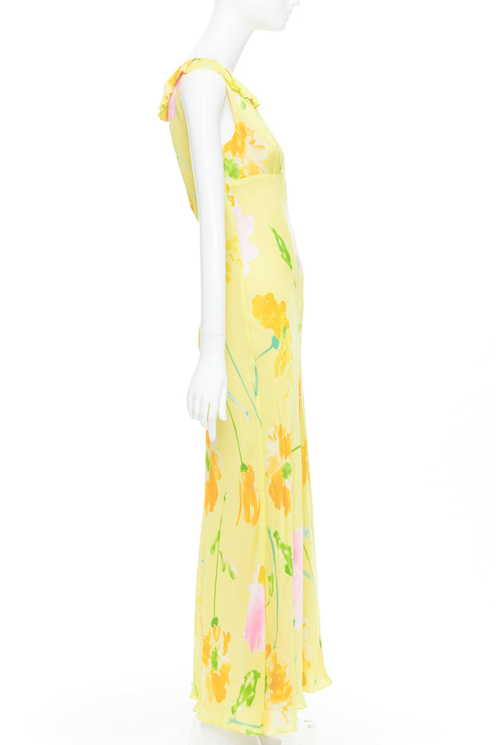 rare DONNA KARAN Vintage yellow floral print ruffle collar maxi dress