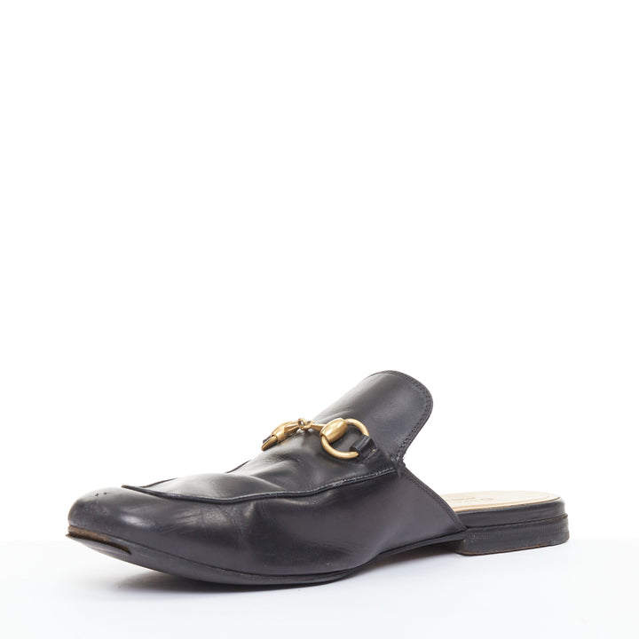 GUCCI Princetown black smooth leather gold horsebit mule loafers UK8 EU42