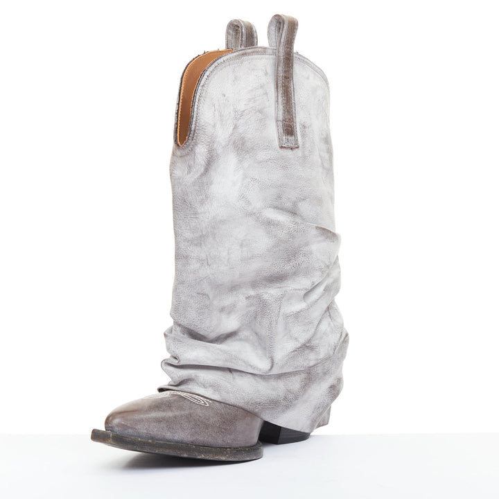 R13 Distressed Low Rider Cowboy grey washed leather slouchy mid calf boots EU38