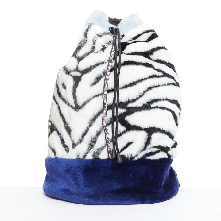 NASIR MAZHAR black white blue yellow faux fur logo tape backpack