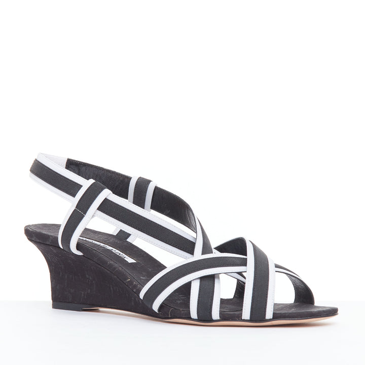 MANOLO BLAHNIK Lasti black white criss cross elastic wedges EU39