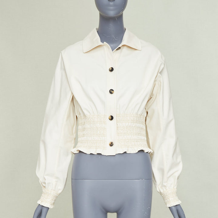 HERMES 2010 Crude Cell  ivory heavy cotton smocked waist crop overshirt FR38 M