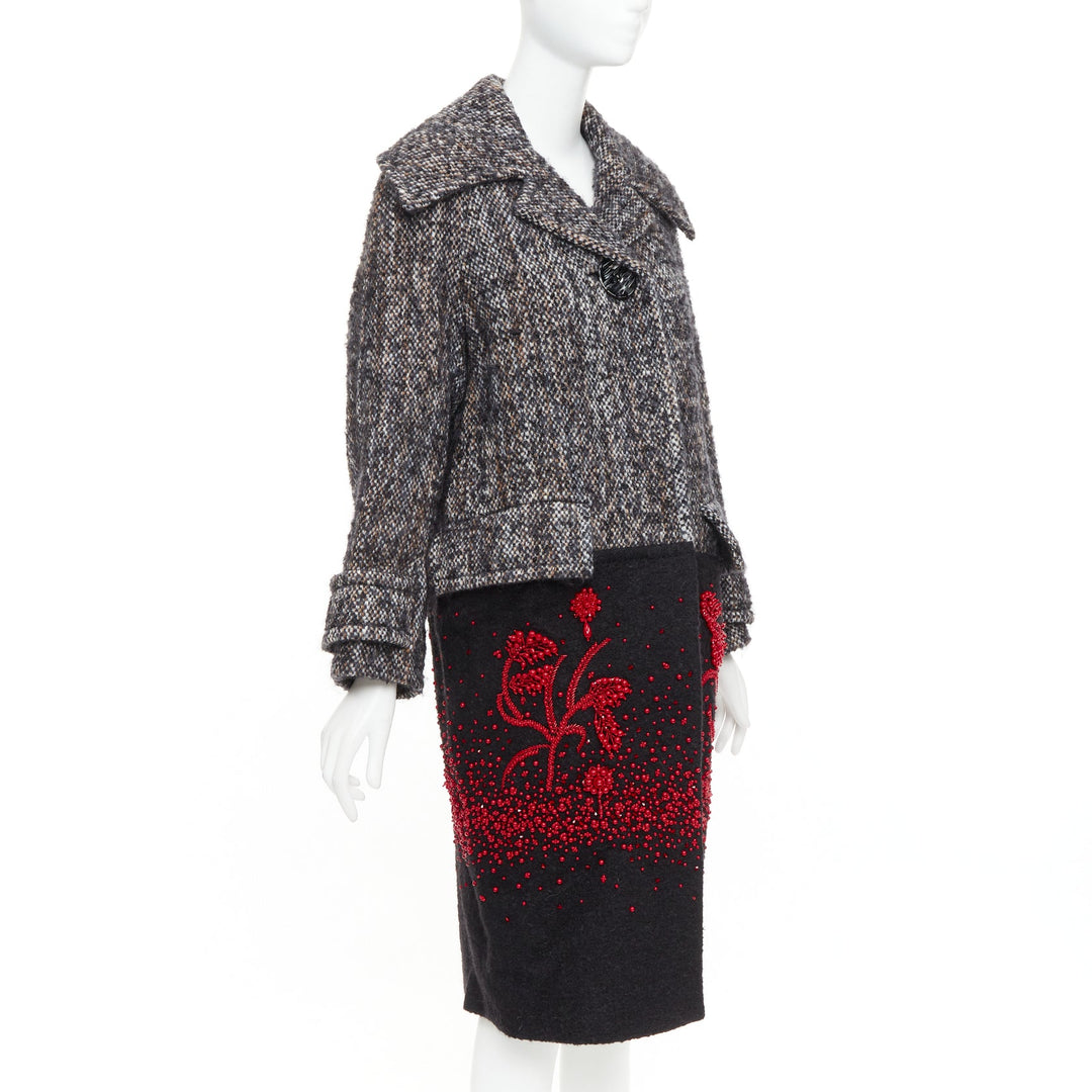 PRADA 2017 speckled wool tweed red bead embellishment hem long coat IT38 XS