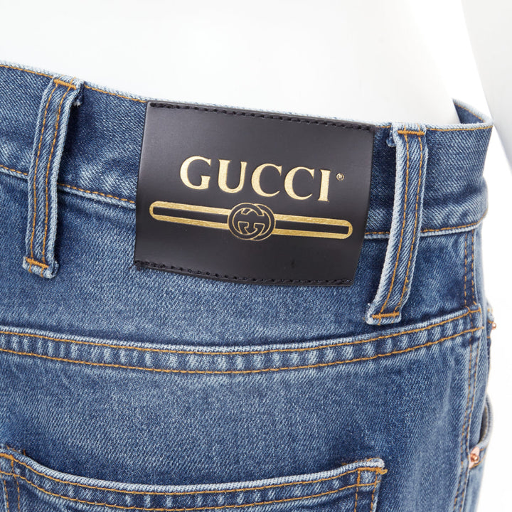GUCCI Alessandro Michele blue washed cotton red logo patch flared jeans 28"