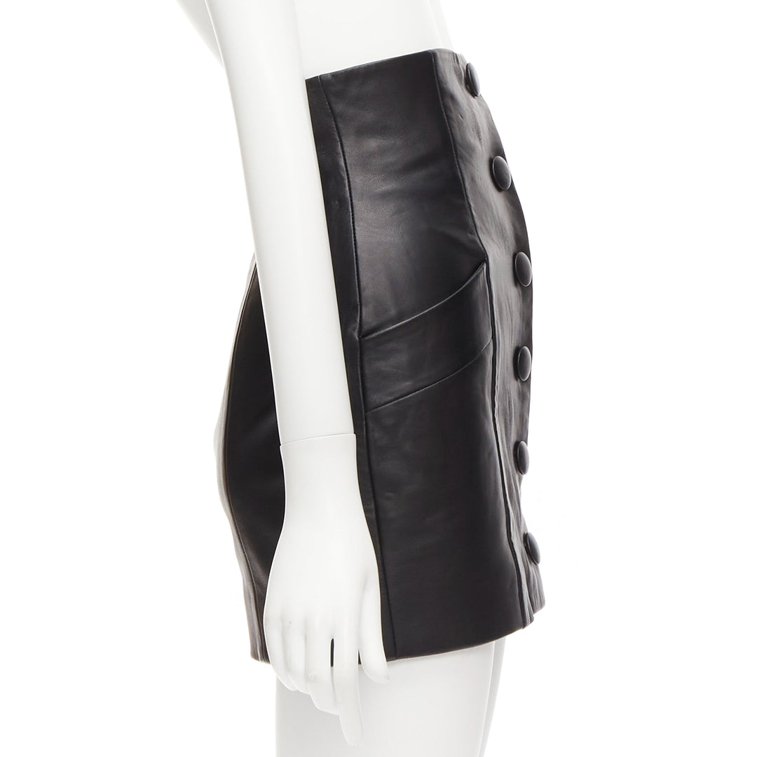 BALMAIN black lambskin leather button front high waisted mini skirt FR34 XS