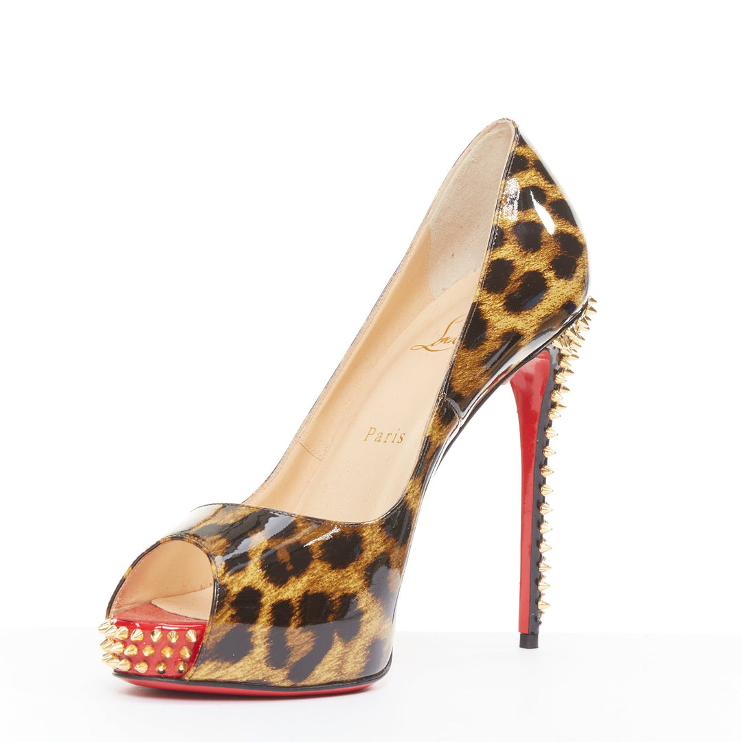 CHRISTIAN LOUBOUTIN Very Prive Spikes 120 brown leopard patent peep heels EU39