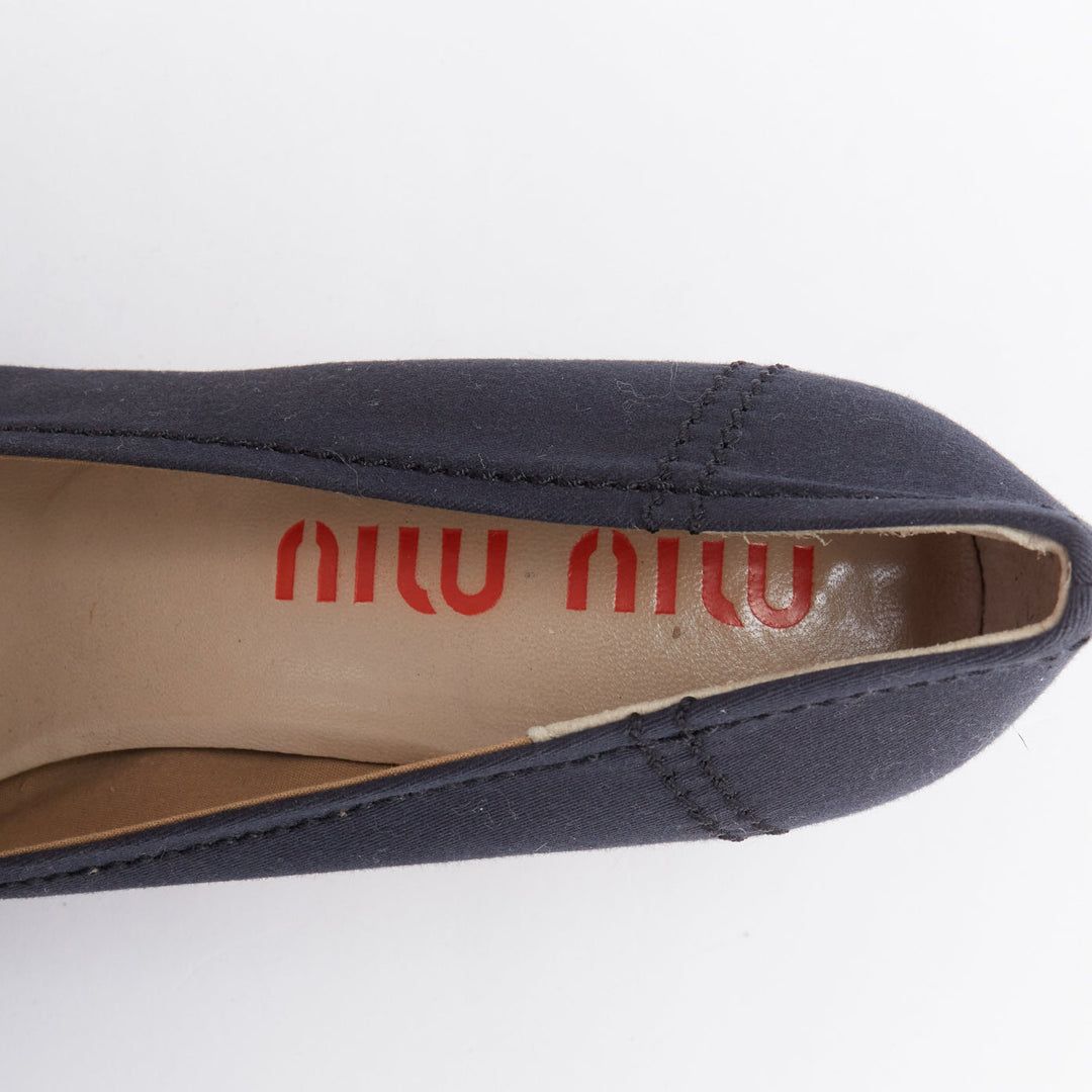 MIU MIU Vintage navy fabric nude buckle strap kitten pumps EU36.5