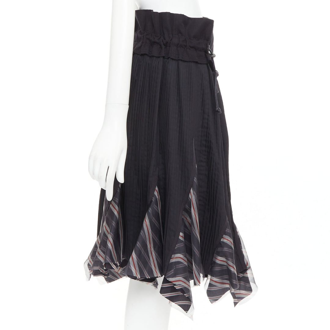 SACAI 2017 black plisse cowhide trim striped flare wrap knee skirt JP1 S