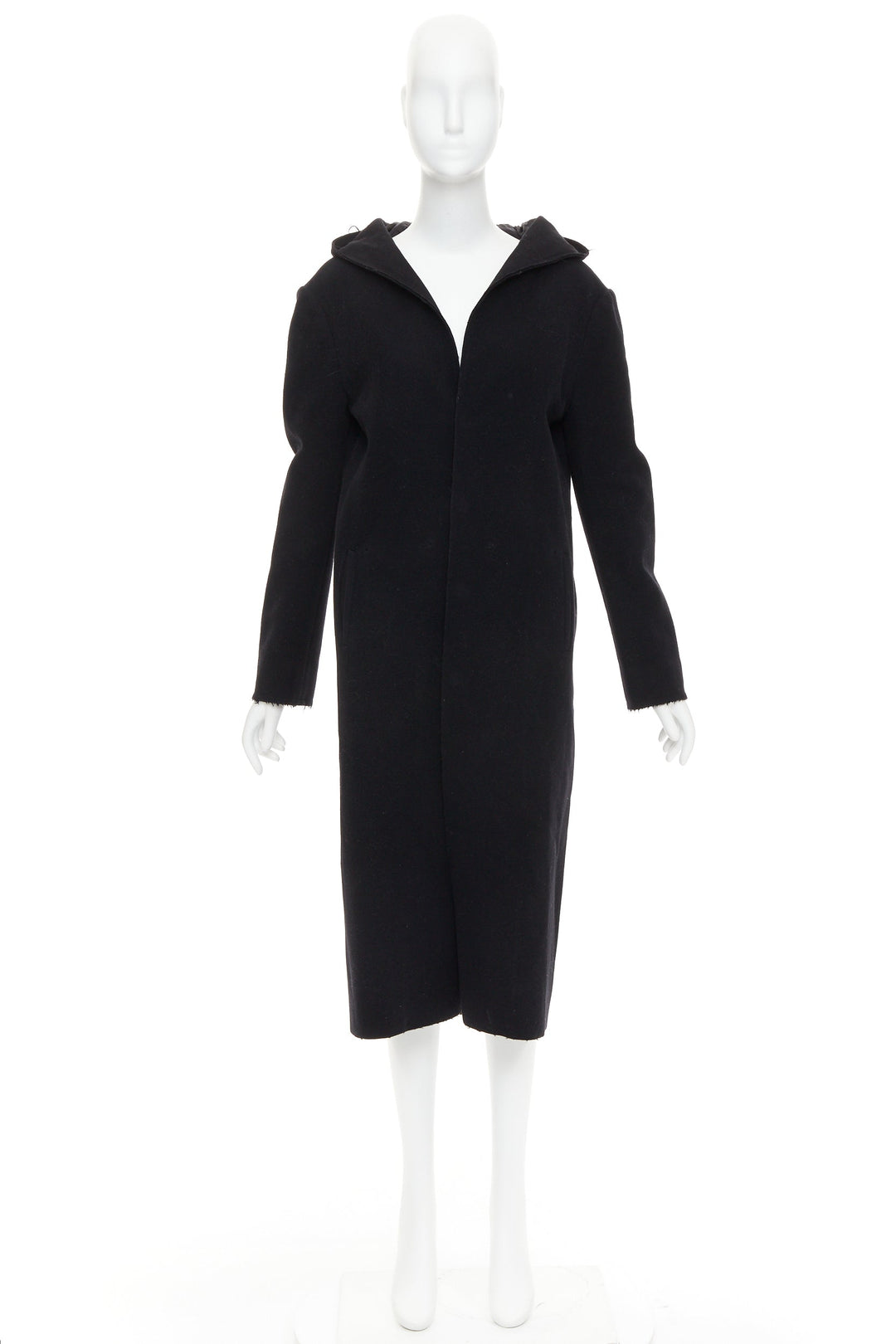 YOHJI YAMAMOTO black wool cotton linen hooded long coat JP1 S