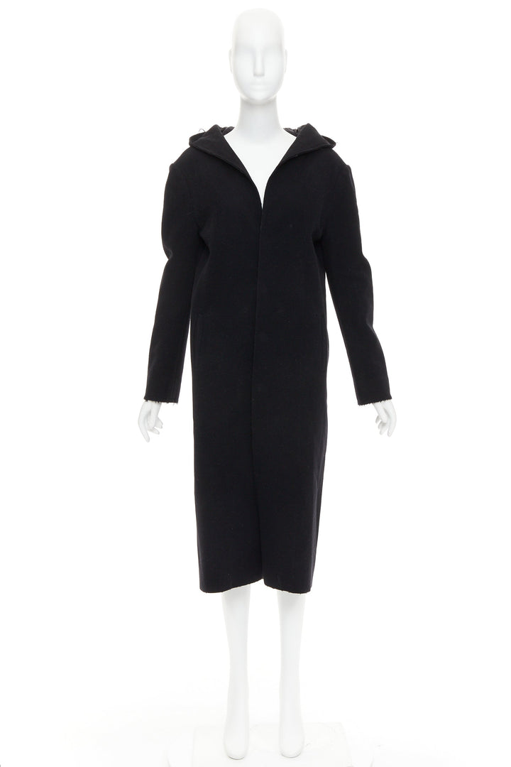 YOHJI YAMAMOTO black wool cotton linen hooded long coat JP1 S