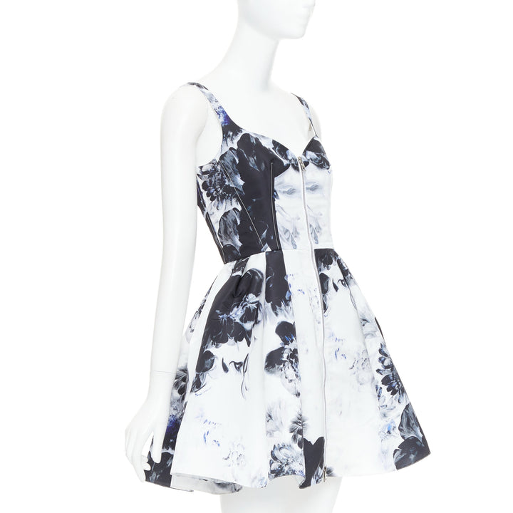 ALEXANDER MCQUEEN 2023 Chiaroscuro ink floral print zip front dress IT38 XS