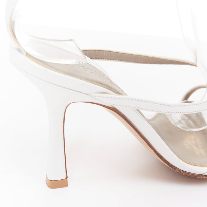 BOTTEGA VENETA Stretch white leather thong ankle strap square toe sandals EU35.5
