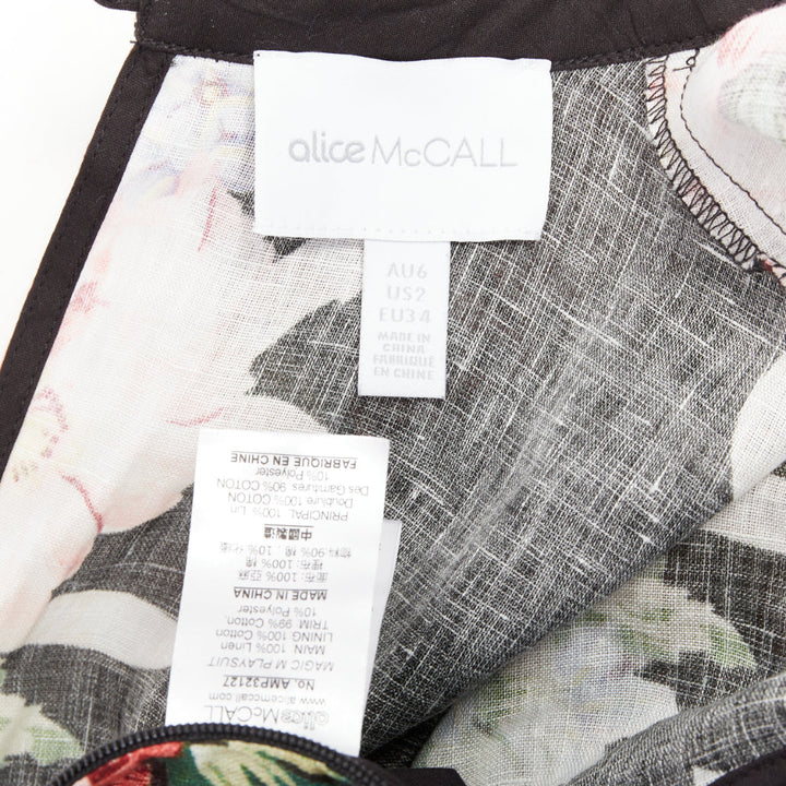 ALICE MCCALL Magic Moment black 100% linen floral fringed trim playsuit UK6 XS